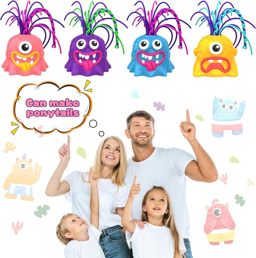 4PCS Fun Hair Pulling Fidget Screaming Monster Toys, Anti Anxiety Toys and Venting Novelty Toys, Different Screams Made by Hair Pulling, Halloween Christmas for 3 4 5 6 7+ Kids Teen Boys Girls Gifts