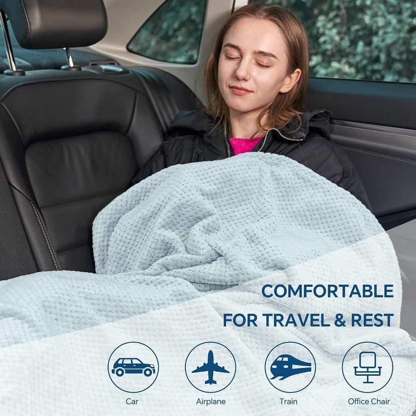 Ultra-soft Airplane Blanket, Luggage Sleeve & Backpack Clip, Travel Essentials for Women, Foldable as Pillow for Long Flight BEDELITE Travel Blanket with Bag, Jacquard Fleece Blanket 65"x40", Blue B0CNJS15T4