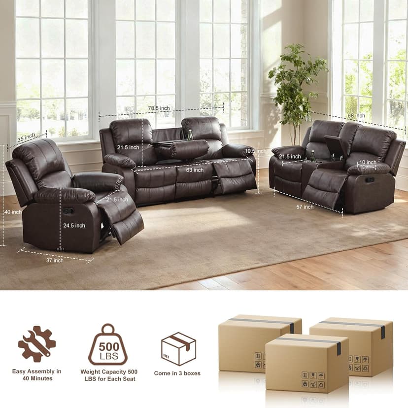 Saxum Tegmen Living Room Furniture Sets, Leather Recliner Sofa, Sectional Sofa Set with Convertible Table & Cup Holders, 3 Pieces Furniture for Living Room/RV/Office (3 Pieces Set, Brown Leather)
