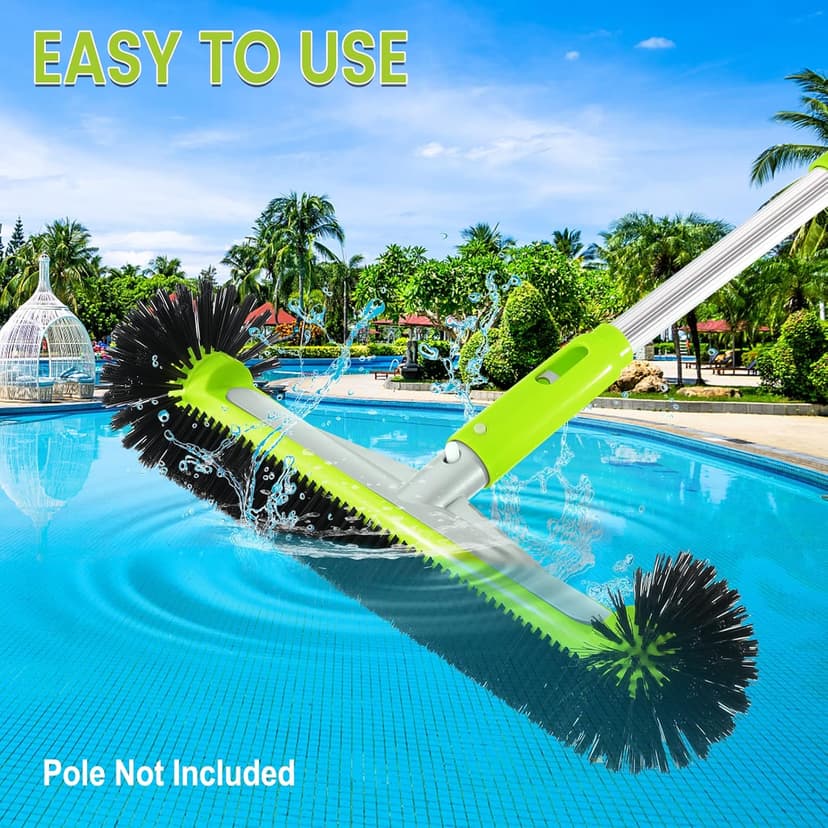 Swimming Pool Brush Head with Round Ends,17.5" Heavy Duty Aluminum Back Head for Cleans Walls, Tiles & Floors, 7 Rows Premium Nylon Bristles with EZ Clips (Green Black)
