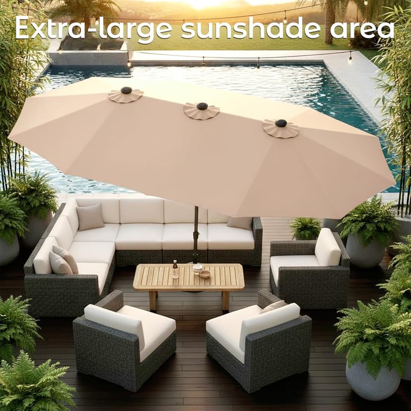 15ft Patio Umbrella with Base,Large Outdoor Double-Sided Rectangle Umbrella with Crank Handle, Market Umbrella for Poolside Garden Deck Backyard Beach Pools, Beige