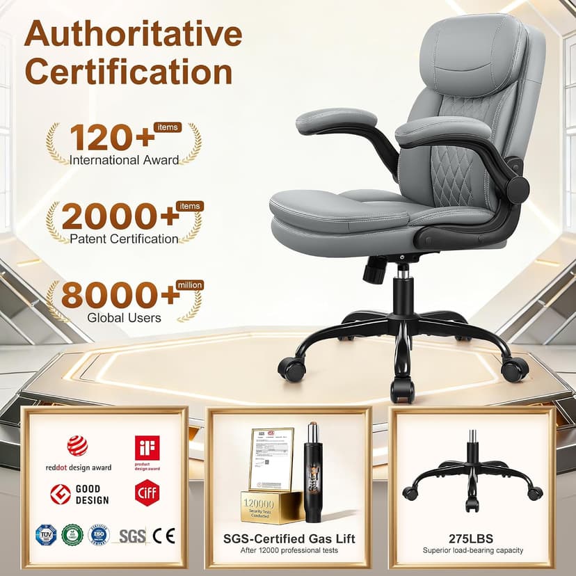 Leather Office Chair, Upgraded PU Computer Desk Chairs with Double-Layer Seat Cushion and Neckrest, 360°Swivel, Ergonomic Small Gaming Chair with Wheels and Adjustable Armrests for Short People, Grey