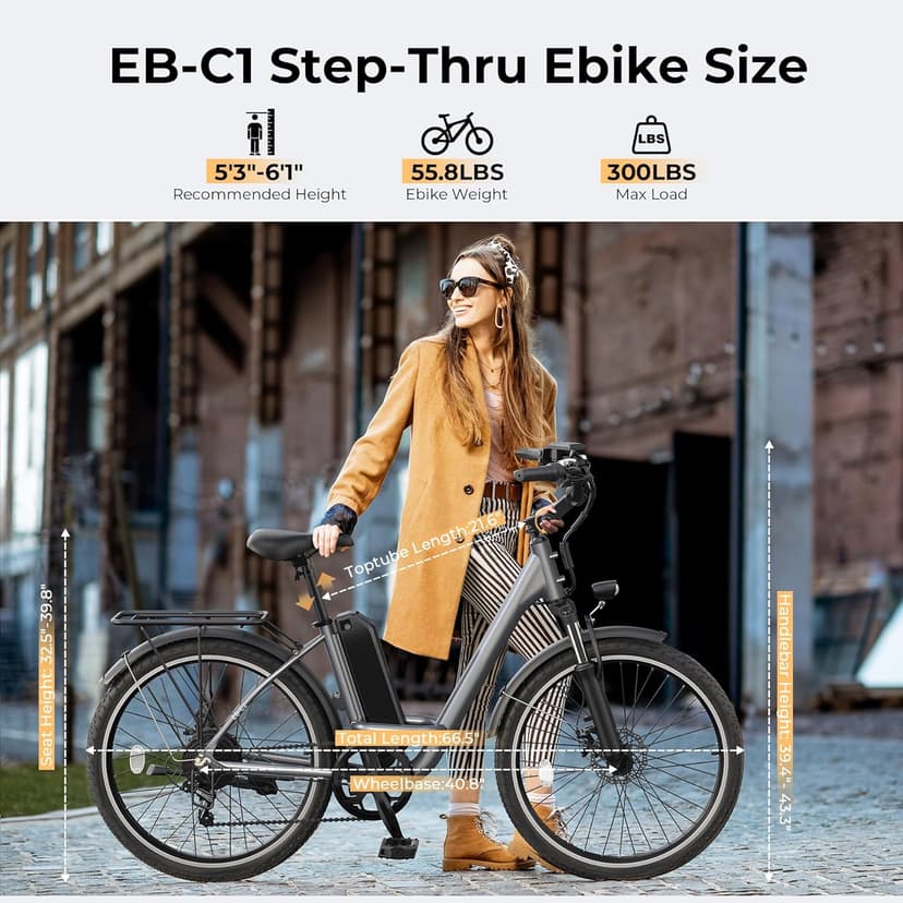 Electric Bike for Adults, Peak 1000W Ebike, 50Miles 21.7MPH UL 2849 Certified Commuter Bike, 26'' City Cruiser Bicycle with 48V Removable Battery, Rear Rack, Adjustable Stem, 7 Speed