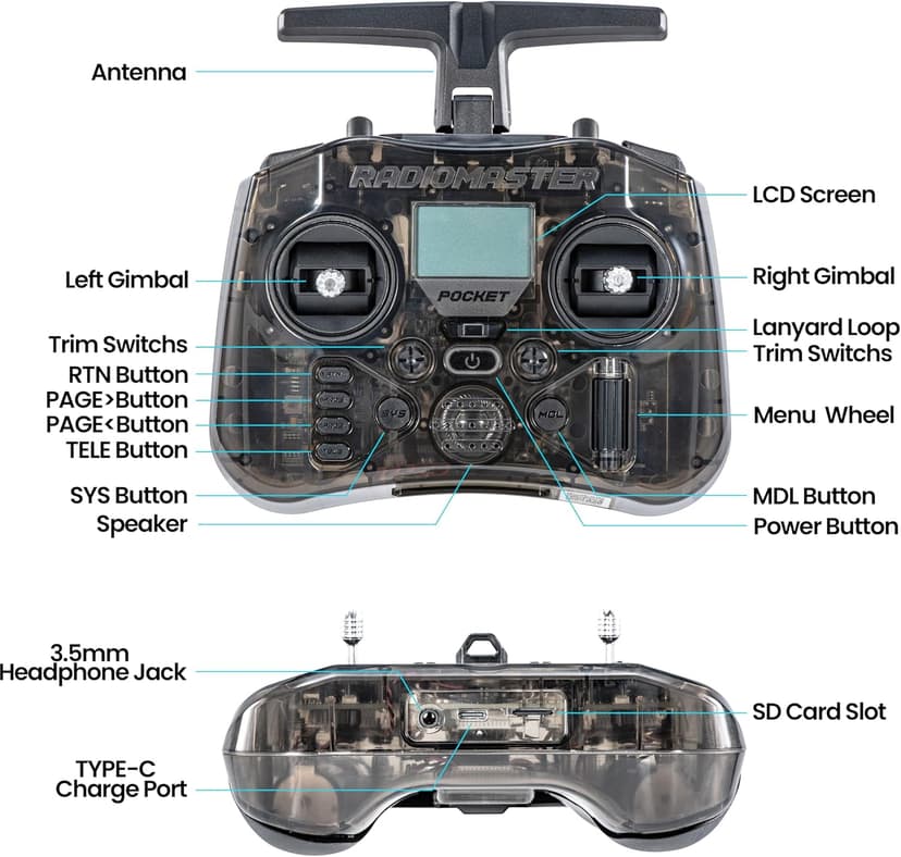Radiomaster Pocket ELRS Remote Controller Portable Hall Gimbal EdgeTX Transmitter with LED Light for FPV Drone/RC Helicopter&Car Boats&Multirotor (Battery Not Included)
