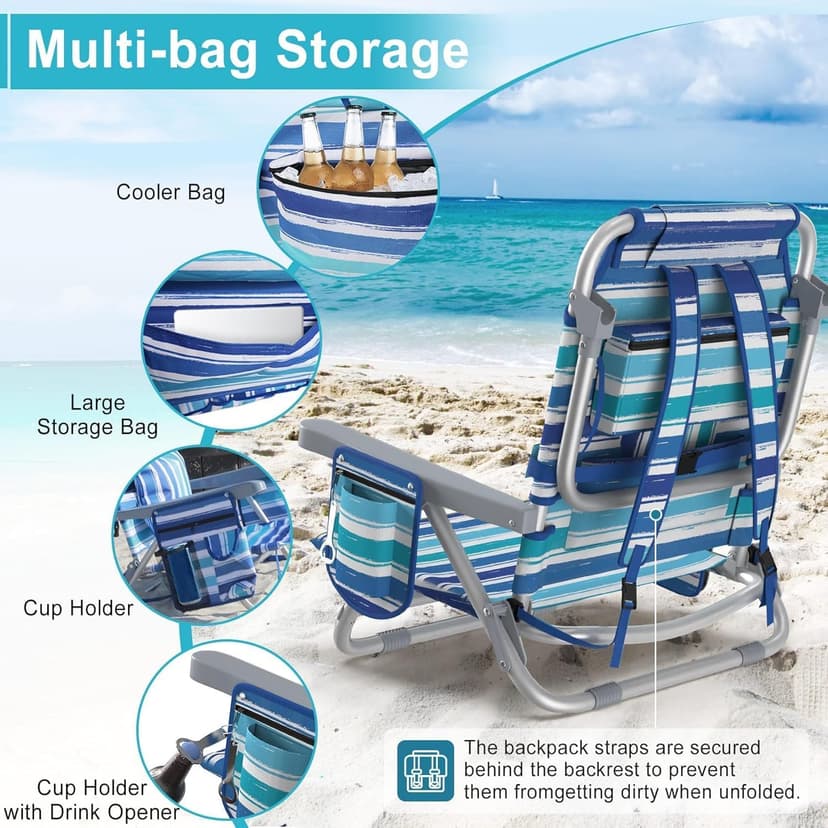 Suteck Backpack Beach Chairs for Adults, 5-Position Lay Flat Reclining Chair with Cooler Pouch, Cup Holder, Towel Bar, 2-Pack Portable Folding Beach Chair for Lawn Outdoor (1, Light Blue)