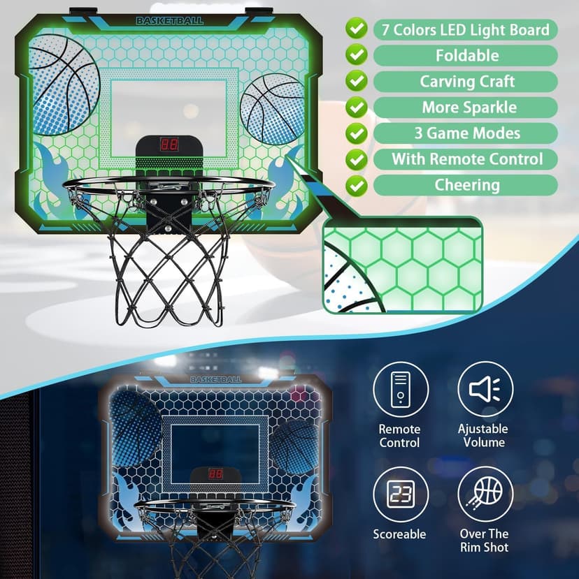 VROGTIK Indoor Basketball Hoop for Kids with Led Lights Mini Basketball Hoop with Remote Control Over The Door Basketball Hoops with Scoreboard Basketball Toys for 4-12 Year Old Boys Girls