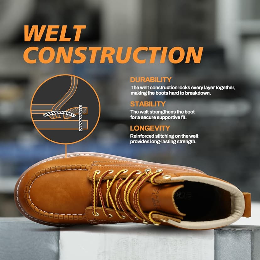 SAFETY LOONG Moc Toe Work Boots for Men Soft Toe Comfortable Full-Grain Leather 6" Non Slip and Water Resistant Safety Ankle Workboots