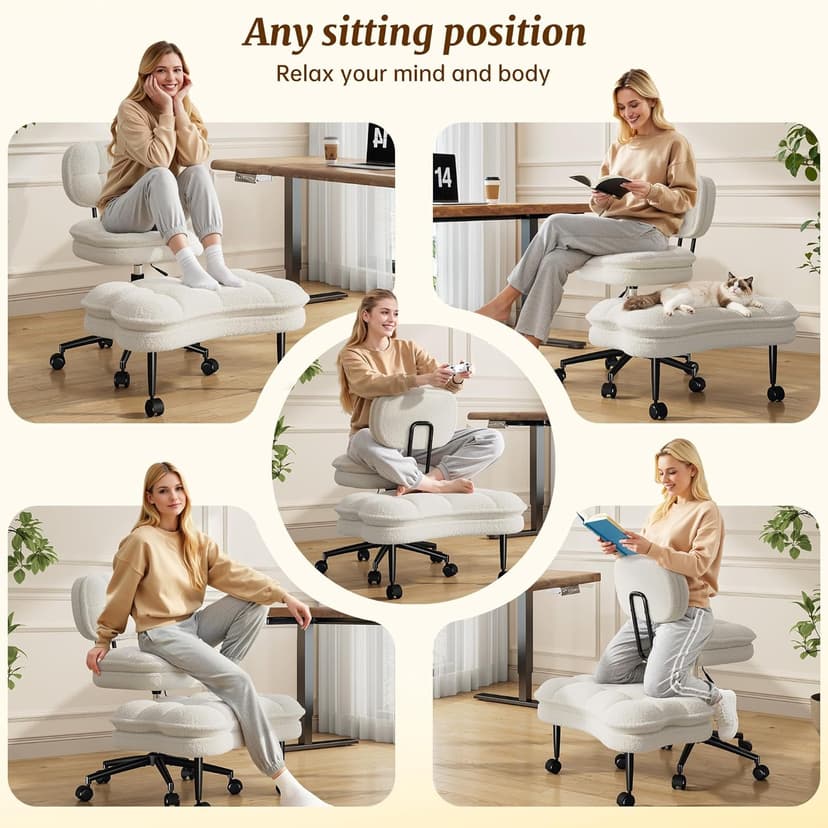 DurayLoly Ergonomic Cross Legged Chair 360° Swivel Meditation Chair with Wheels, Height Adjustable Seat for ADHD, Strong Lumbar Support,Home Office Furniture, Teddy Fabric,White