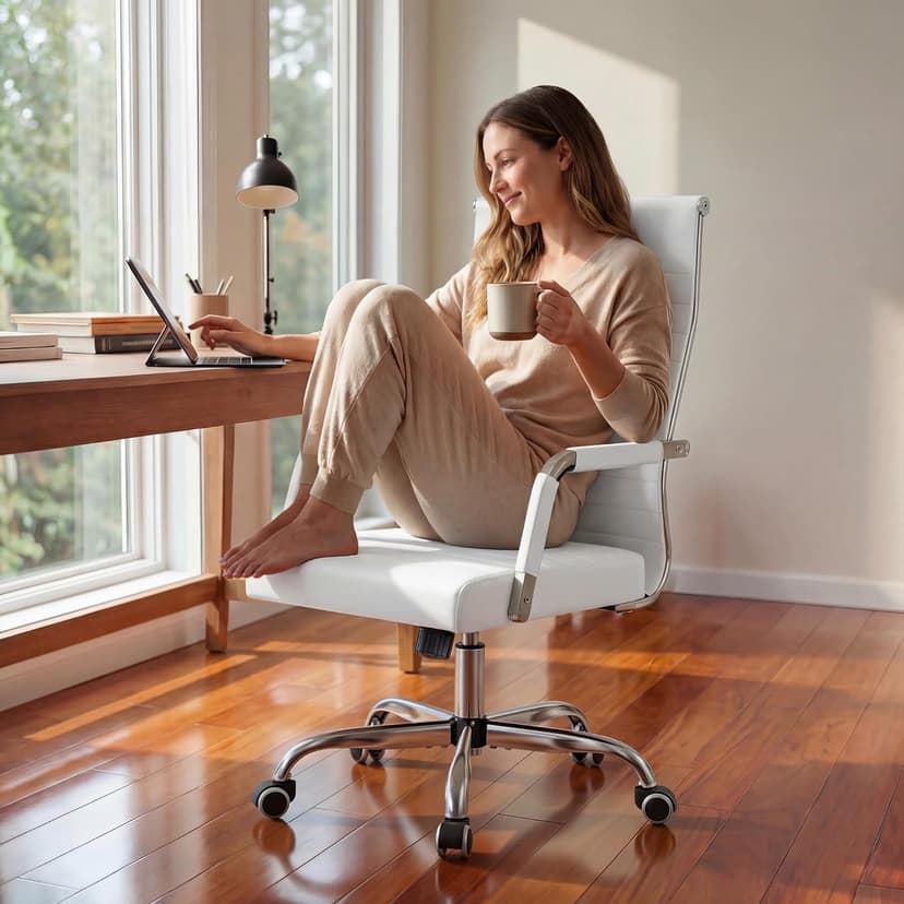 Furmax Ergonomic Office Desk Chair, Executive Ribbed Mid-Back PU Leather Conference Room Chair Adjustable Swivel Chair with Arms (1, White)