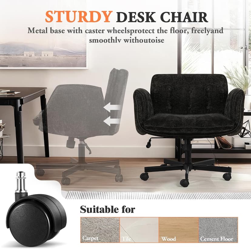 Criss Cross Chair with Wheels & Arms, Chenille Cross Legged Office Chair with 5-level Folding Armrest, Comfortable Adjustable Swivel Vanity Chair for Home, Make Up, Bed Room, Office, Accent (Black).