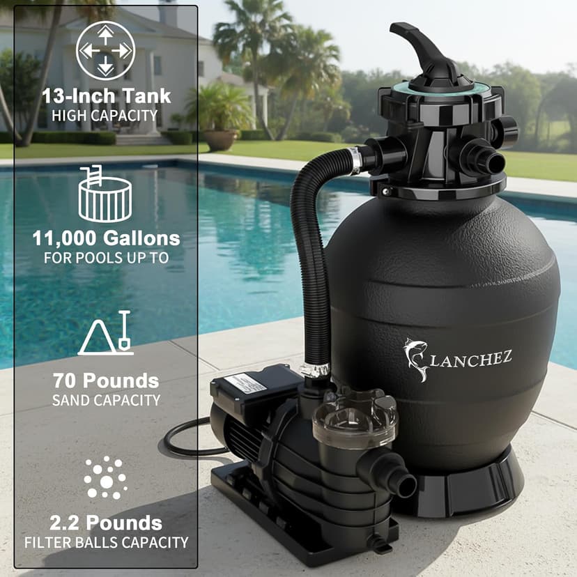 LANCHEZ 13in Sand Filter Pump for Above Ground Pool, 3/4 HP Pool Pumps Above Ground 3500 GPH for Pools up to 11000 GAL, Pool Sand Filter with 7-Way Valve