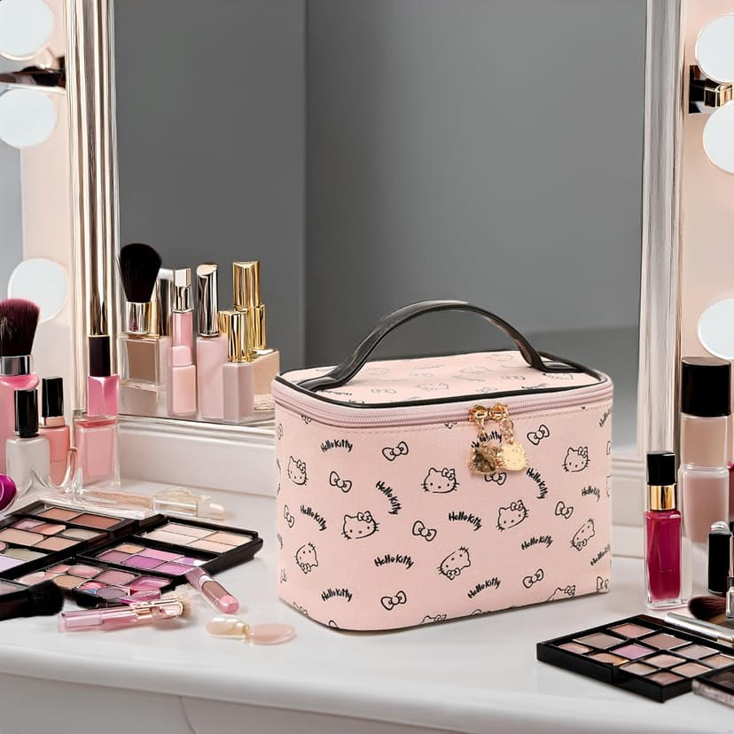 AmBealla Make up Bag Large Travel Cosmetic Bags Organizer with Brush Holder for Girl, Lightweight Cotton Toiletry Bag with Zipper for Women, Portable Makeup Case for Airplane/Home/Gym - Pink