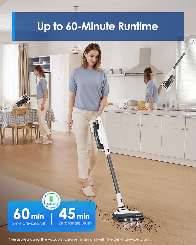 Tineco A30S Cordless Stick Vacuum Cleaner, 160W Suction, 60Min Runtime, 1L Larger Dustbin, ZeroTangle Brush, PureCyclone Tech, LED Headlight, White