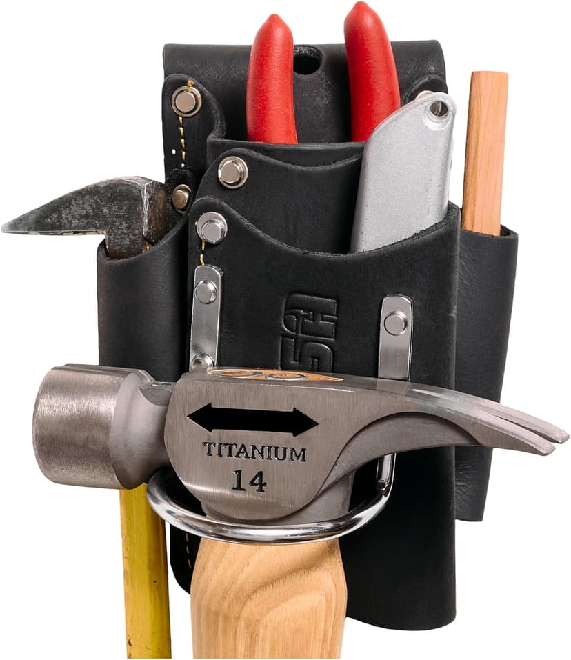FESA Small Leather Tool Pouch - 5-in-1 Heavy Top Grain Leather Small Tool Pouch with a Steel Hammer Loop, 4 Pockets & Reinforced Heavy Duty Rivets - Fits Belts up to 3" - Handcrafted