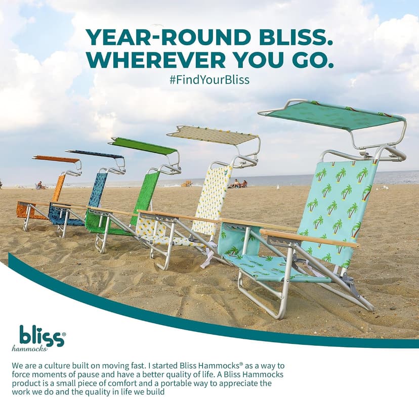 Bliss Hammocks Folding Beach Chair Recliner with Canopy Shade, Palm Tree