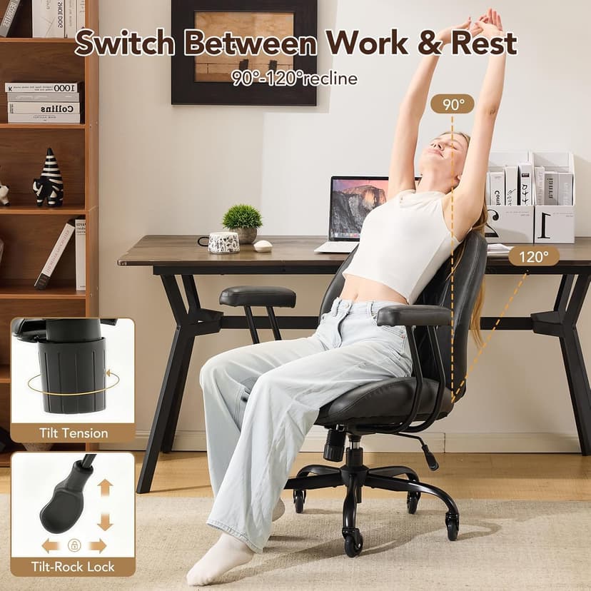 YFO Home Office Desk Chair Office Rubber Casters Ergonomic Computer Chair with Lumbar Support Adjustable Height Rolling Swivel Executive Task Armrests Chair, Black PU