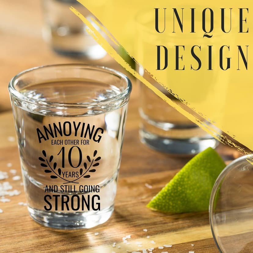 Onebttl Anniversary Cups for Couples, 10 Years Anniversary Funny Gifts for Boyfriend Girlfriend, 1.5 oz (45 ml) Shot Glasses Set of 2 - Annoying Each Other But Still Strong, Transparent