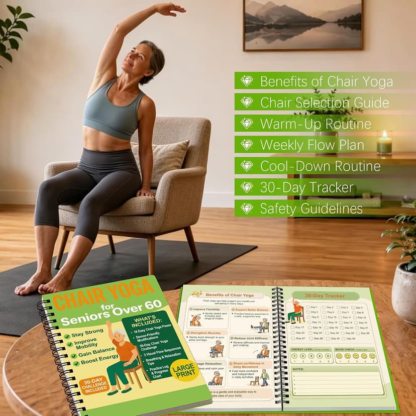 Chair Yoga for Seniors Over 60 Book & Chart – 30-Day Challenge, Gentle Seated Yoga Guide, Chair Yoga for Weight Loss & Flexibility, Senior Chair Exercises for Women & Men, 8.5x11" Book on Chair Yoga B0FPMT82TX