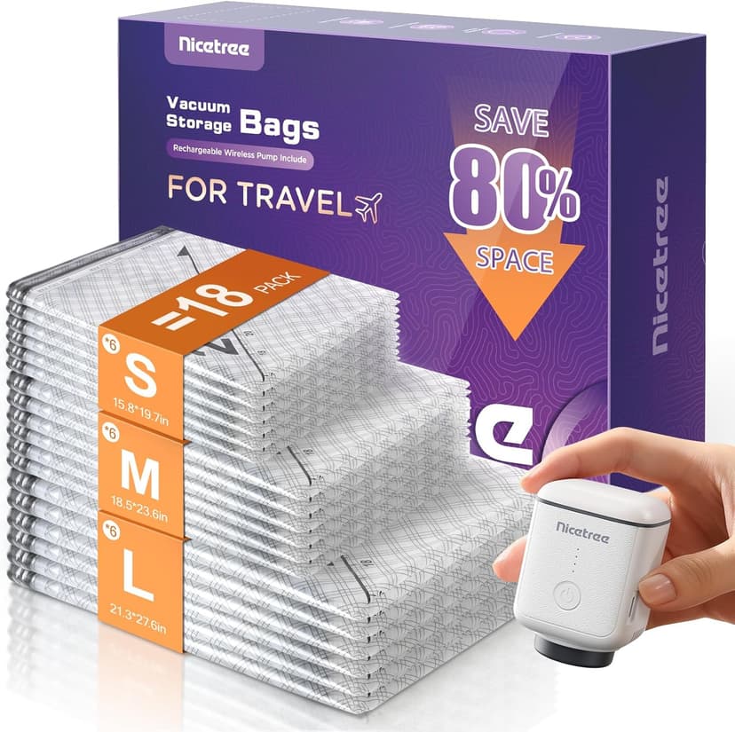 Nicetree 18-Pack Wireless Vacuum Storage Bags with Rechargeable Pump | 3 Sizes (20/24/28 Inch) Travel Vacuum Seal Bags for Clothing, Bedding & Seasonal Storage | Space Saver for Luggage