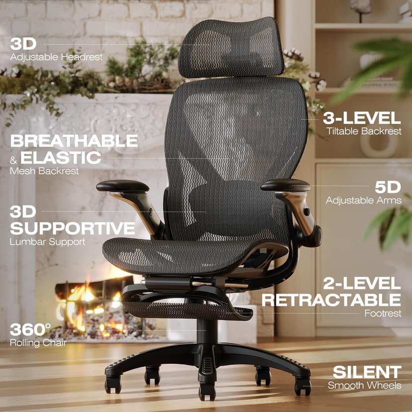 ELABEST X100 Ergonomic Mesh Office Chair with Footrest, Big and Tall Hone Desk Chair with 5D Flip-Up Arms, Adjustable 3D Lumbar Support,Gaming & Executive Computer Chairs
