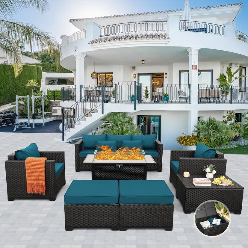 Outdoor Patio Furniture 60000 BTU Outdoor Propane Fire Pit Table Patio Furniture Set 45 In Outdoor Fire Pits 7 Pieces Patio Sofa Outdoor Chairs Anti-slip Cushions Waterproof Covers, Peacock Blue