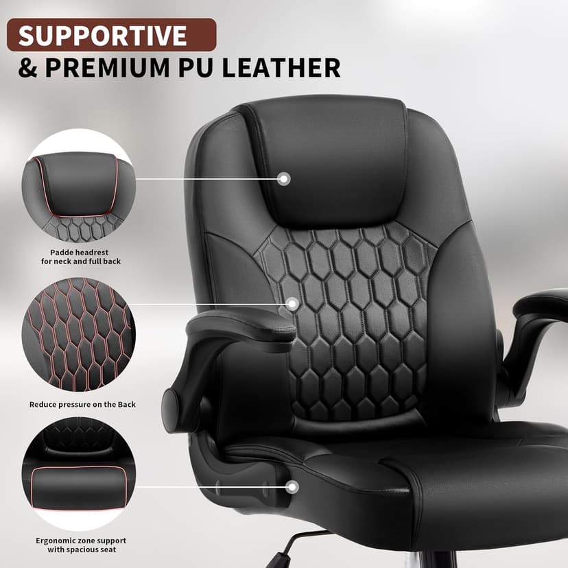 Executive Office Chair PU,Leather Office Chair with Wheels,360° Swivel Rolling Chair with Padded Arms,Ergonomic Computer Chair with Lumbar Support for Short People Use(Black)