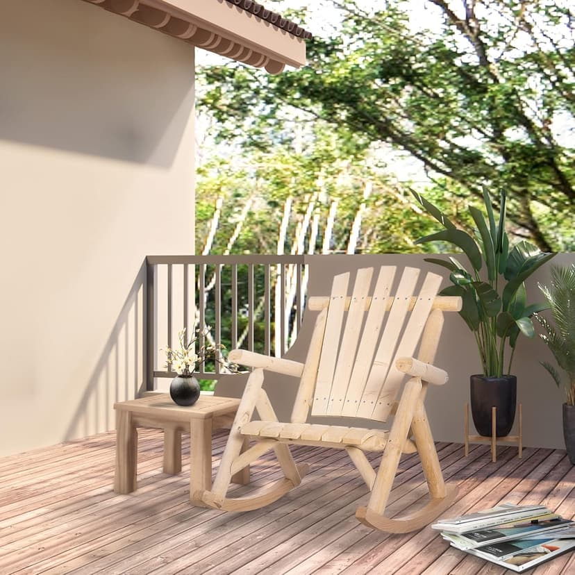 Outsunny Outdoor Wooden Rocking Chair, Single-Person Rustic Adirondack Rocker with Slatted Seat, High Backrest, Armrests for Patio, Garden and Porch, Natural