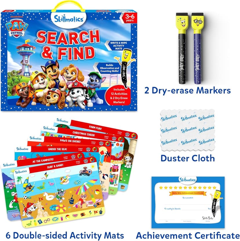 Reusable Write & Wipe Mats, Learning Games, Educational Toy for Toddlers, Kids, Boys & Girls Ages 3, 4, 5, 6 Skillmatics Search and Find PAW Patrol, Preschool Activity, Christmas Gift B0FQVC9MGX