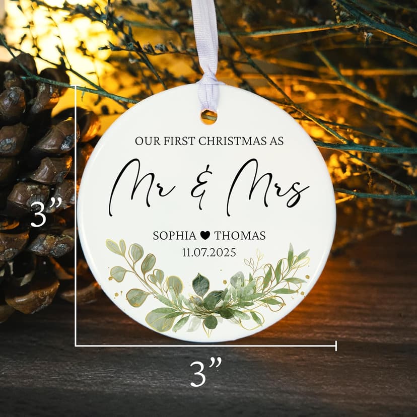 Personalized Our First Christmas as Mr and Mrs Double-Sided Ornament 2025, Custom Photo Ceramic Ornament, First Christmas Married Keepsake, Wedding Gift for Newlywed Couple