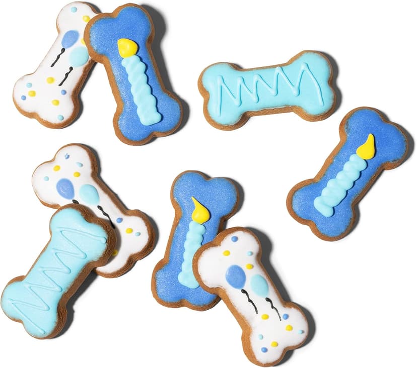Thoughtfully Pets, Blue Dog Birthday Cookie Gift Set, Hand Decorated Crunchy Dog Treats in Bone Shapes, Great for Birthdays, Set of 8