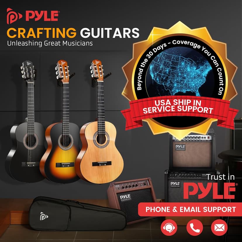 Pyle Beginner Acoustic Guitar Kit, 4/4 Full Size All Wood Build Nylon String Instrument with Capo, Strap, Extra String Set, Gig Bag, Guitars for Beginners Adults Youth, 39" Blue Burst Gloss