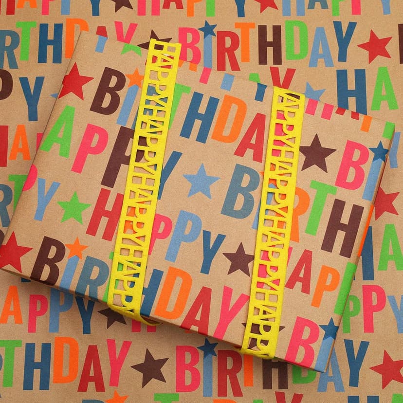 17 inch X 33 feet, Gridlines Design, Recycled, Holiday BIOBROWN Kraft Birthday Wrapping Paper Colorful Text Happy Birthday Design B0BLSML9G3