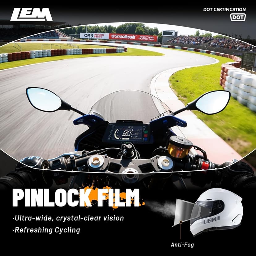 LEM Motorcycle Helmets Full Face, Helmets for Men DOT Certified, PINLOCK & DVS Dual Vision, Motorcycle Street Bike Helmet for Adults Fiberglass Shell Bluetooth Ready for Cruiser(White, Size M)