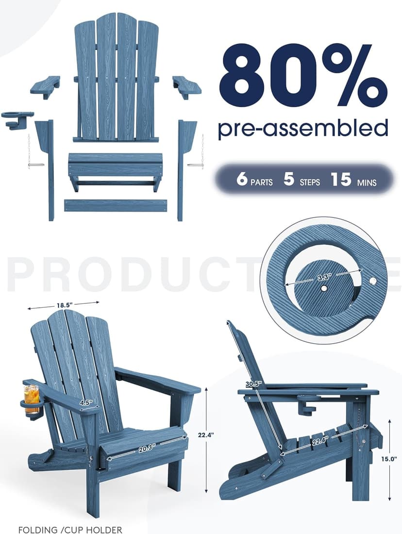KINGYES Folding Adirondack Chair Set of 2, HDPE All-Weather Patio Chairs with Cup Holder, Wooden Textured Fire Pit Chairs Recliner for Poolside, Backyard, Deck, Navy