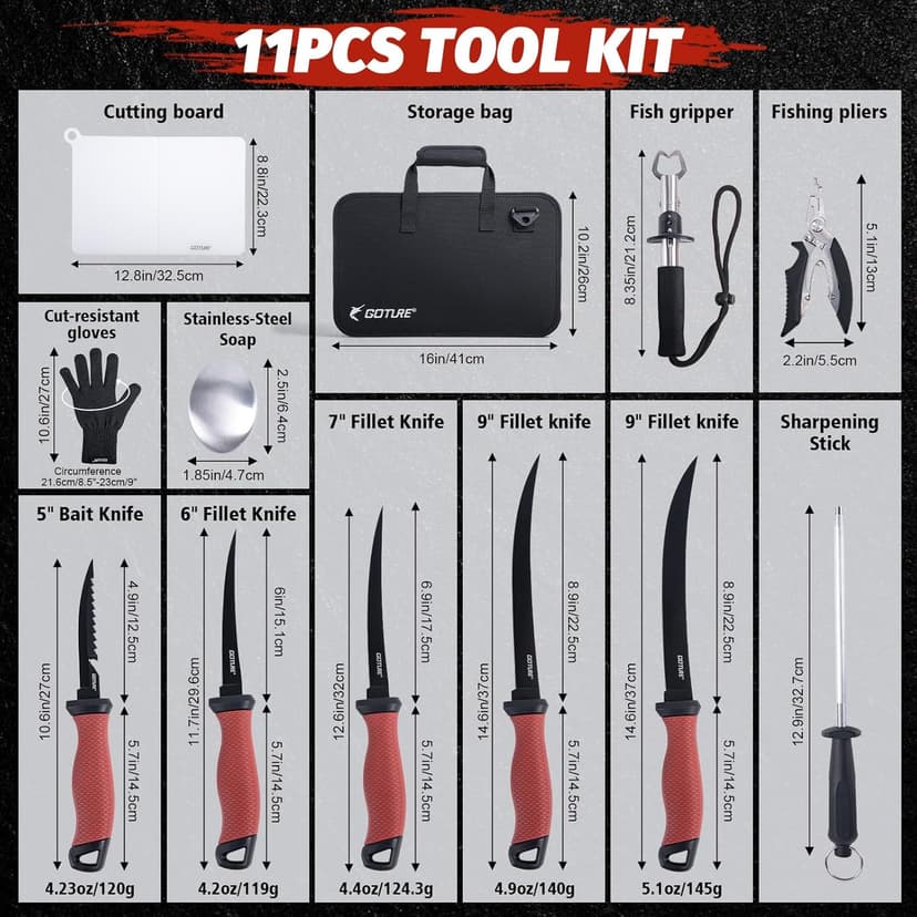 Goture Fillet Knife Fishing Kit,Bait Knife and Filet Knives with Sheath,Sharpening Rod,Fish Lip Gripper,Fishing Pliers,Cutting Board,Gloves,Stainless Steel Soap,Portable Storage Bag,Gifts for Men