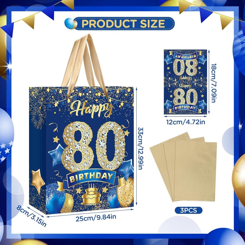 Blue 80th Birthday Gift Bag, Large Navy Blue and Gold Happy 80th Birthday Gift Wrap Bag with Card and 3pcs Tissue Paper for Men Women 80 Years Old Anniversary Party Favors Goodie Wrapping Bag Supplies