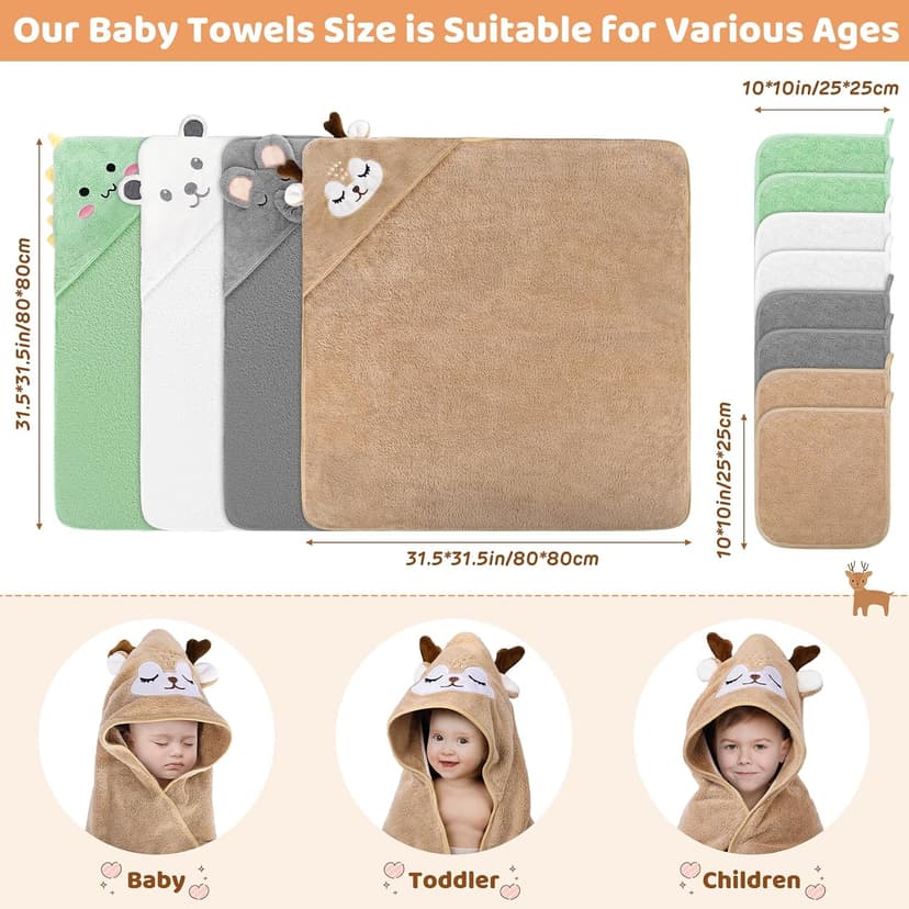 4 PCS Baby Towels & 8 PCS Washcloths Set, Cute Animal Hooded, Ultra Absorbent & Soft, Newborn Shower Gifts for Boys & Girls 12 PCS Baby Bath Towels Set for Infants Toddlers Essentials B0F3JC4GWM