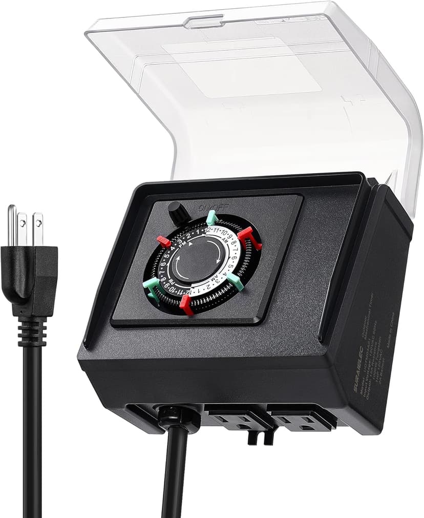 SURAIELEC Mechanical Pool Timer for Above Ground Pools, NEMA 5-15R Plug-in 24-Hour Timer with Dual Outlets, 15A 125V 1HP, Up to 3 Daily Settings, Weatherproof Cover for Pool Pumps, Outdoor Lighting