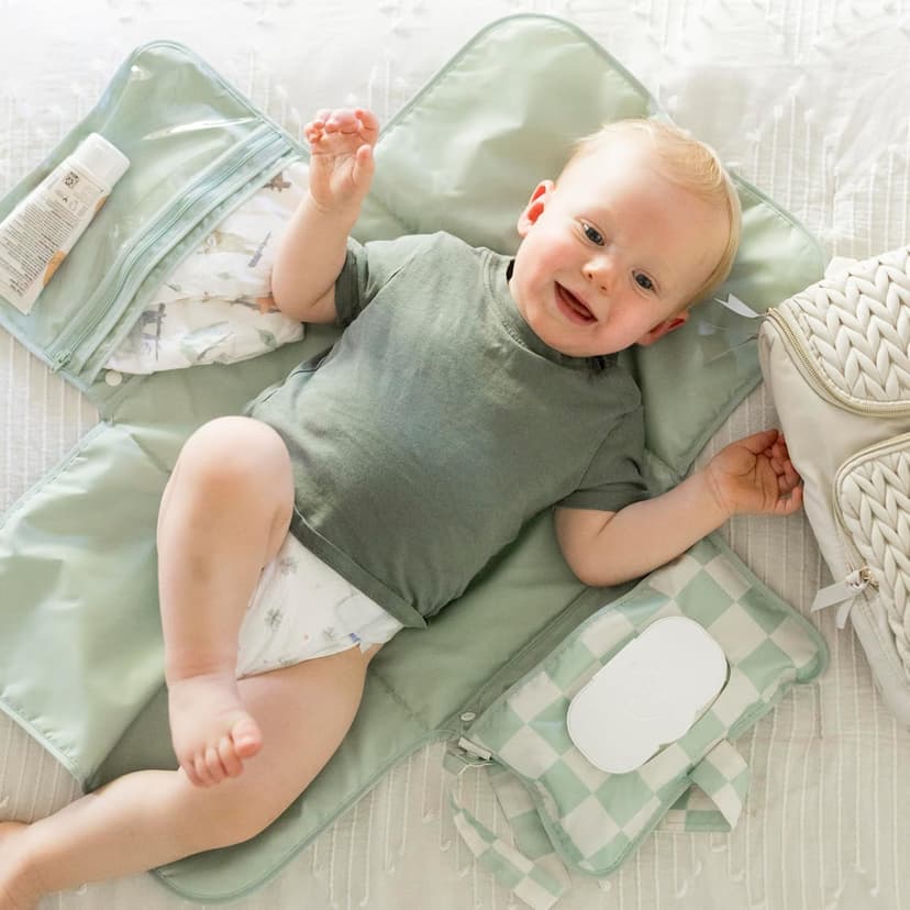 Tiny Twinkle Portable Diaper Changing Pad | Waterproof, Wipeable & Compact Baby Changing Pad for Travel | Smart Wipes Pocket & Organized Storage| Newborn Shower Gift (Sage Checkers) B0DDT2VW7T