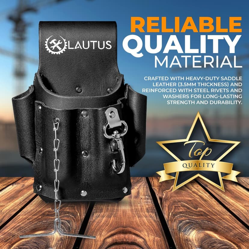 LAUTUS Electrician Full Top Grain Leather Tool Pouch; 5 Pocket Pouch with Electrical Tape Chain; Durable Compartments; Washer Rivets; Includes Metal Tool Clip; Black