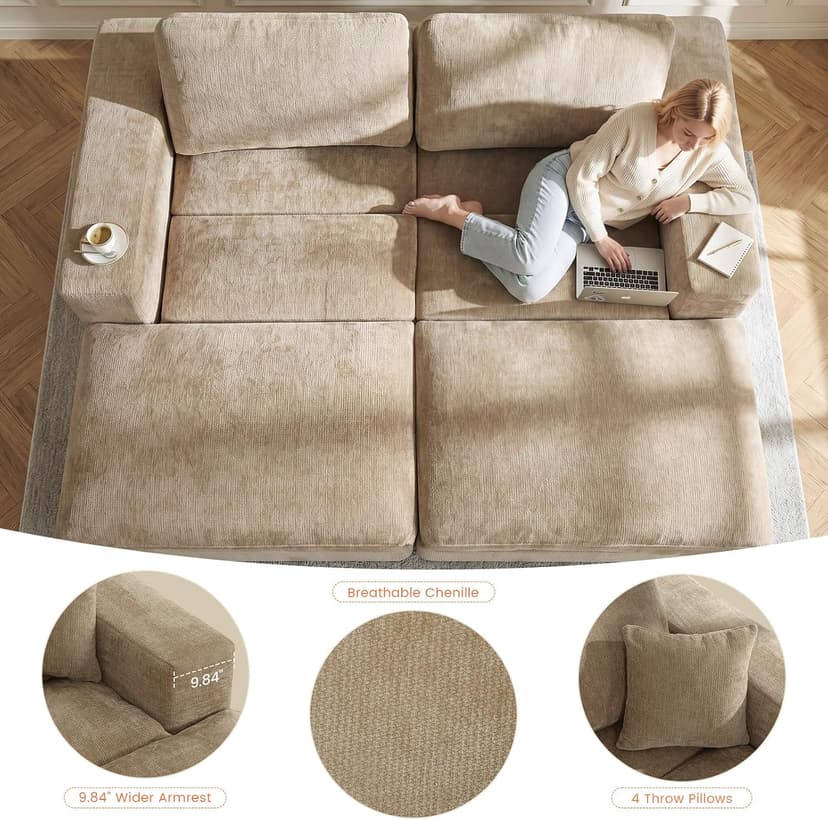 80.7" Oversized Double Chaise Lounge Chair Indoor, Cloud Boneless Sleeper Sofa Bed with 4 Pillows, Extra Deep Seat Cozy Loveseat Couch for Living Room Bedroom, No Assembly Required (Khaki)