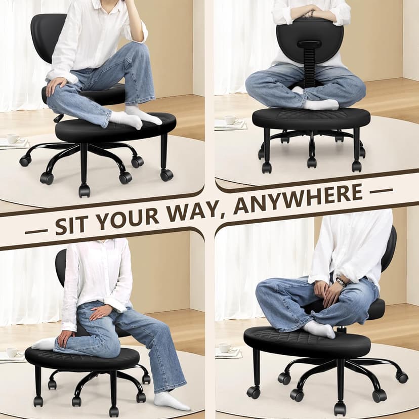 AtHope Ergonomic Cross Legged Office Chair with Wheels - Adjustable Height for Meditation, ADHD Desk & Yoga - Wide Criss Cross Design with Lumbar Support, Kneeling Chair - Black