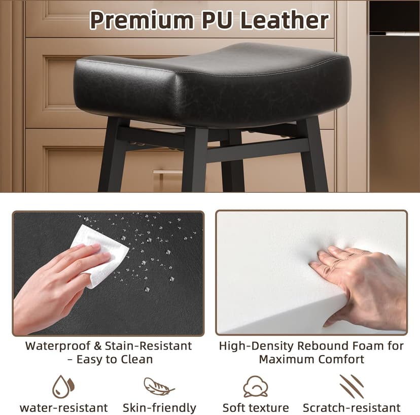 Counter Height Bar Stools Set of 2, 24 Inch Backless BarStools for Kitchen Island Leather Saddle Bar Chairs Kitchen Stools with 4" Thick Seats & Heavy Duty Metal Base, Black