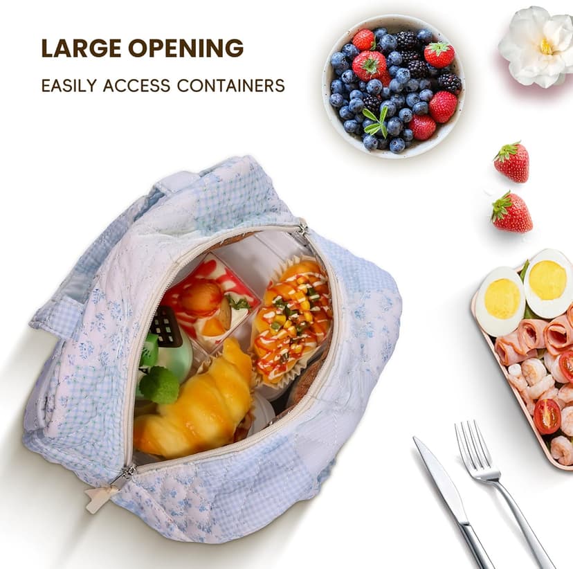 WOBAGMEN Quilted Lunch Box for Women,Lunch Box for Teen Girls,Cute Floral Lunch Bags for Work, School,Office,Picnic,Travel (green blue pin)