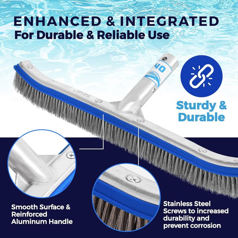 440 Heavy Duty Pool Brush - 18-inch Extra-Wide Metal Brush Head with Stainless Steel Wire Bristles & Curved Edges for Cleaning Pool Tiles, Walls, Floor, Steps (Stainless Steel)