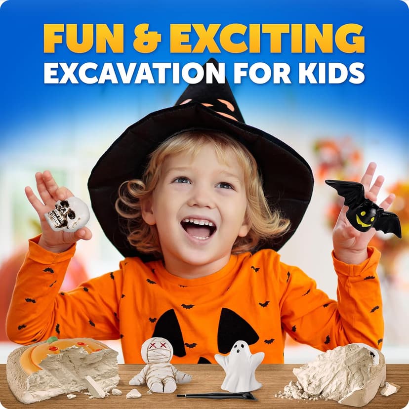 Blue Marble Halloween Dig Kit – Excavation Set with Skull & Pumpkin Dig Bricks, Includes Ghost, Mummy, Bat & Skull Figures, for Kids, Boo Basket Stuffers, Hands-On Activity