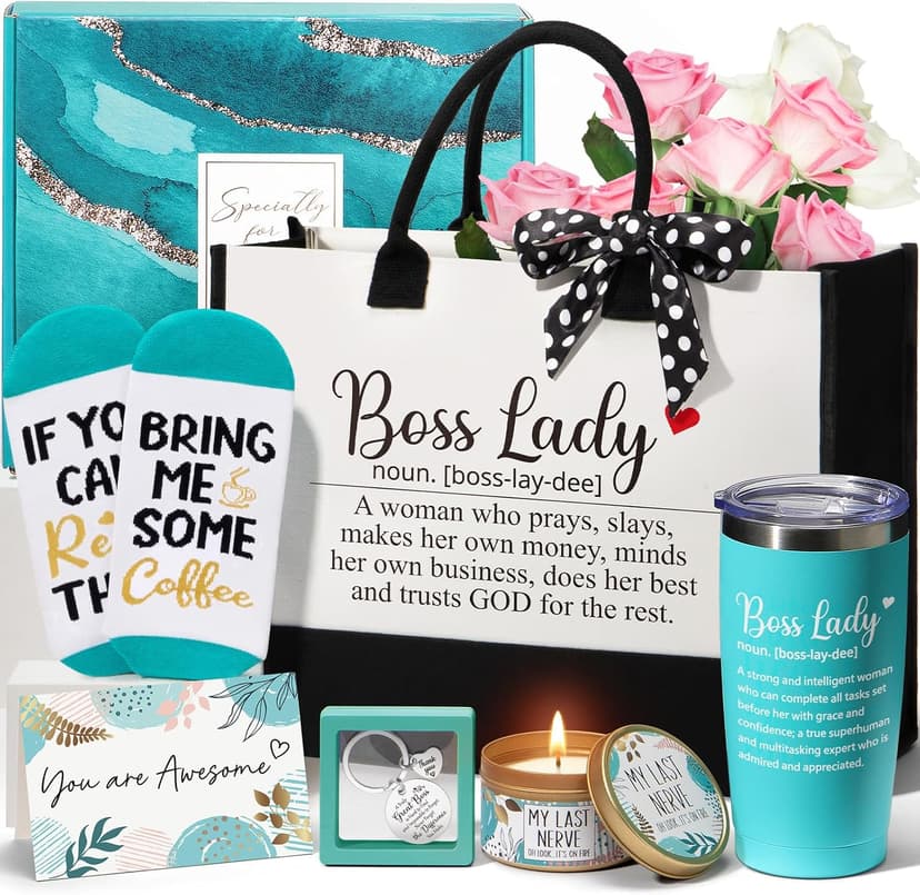 Boss Day Gifts for Her Women, Best Boss Lady Gifts for Women Cool Bosses Christmas Gift Basket for Female, Funny Thank You Bosses Lady Appreciation Birthday Farewell Gift Set with Canvas Tote Bag