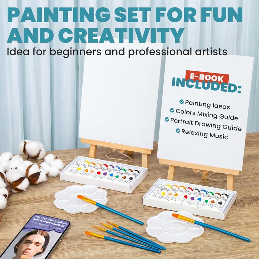 Set of 2 Beginner Painting Kit for Date Night Crafts with Canvas, Easels, Brushes, Acrylic Paint - Family & Couple Art Set 2 Painting Kits for Couples' Date Night, Sip and Paint Kit for Adults B0DTB5Y32H