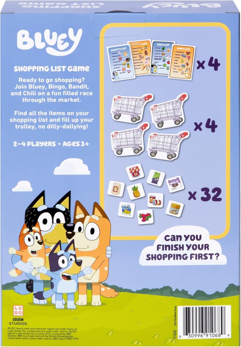Bluey Shopping List Game, Join Bluey, Bingo, Bandit & Chilli On A Fun Supermarket Adventure, Race to Fill Your Trolley in This Fun Memory and Matching Game, for Ages 3+, 2-4 Players