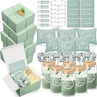 54 Pcs Bridesmaid Proposal Gifts, Maid of Honor Gift Include Wedding Gift Box Makeup Bag Invited Card Glass Cup Lip Balm Scrunchie Bracelet for Bridal Shower Bachelorette Party(Green)